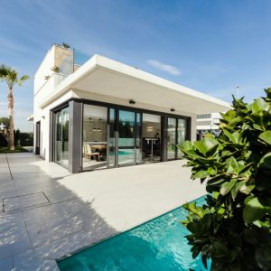 white house with pool