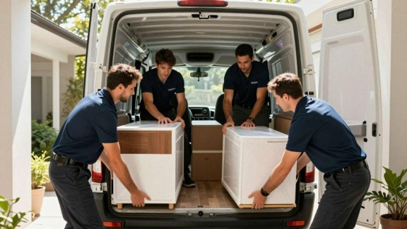 moving company taking white boxes out of van