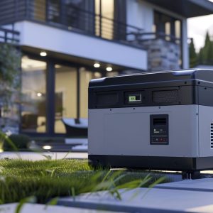 generator sitting outside of a brick house