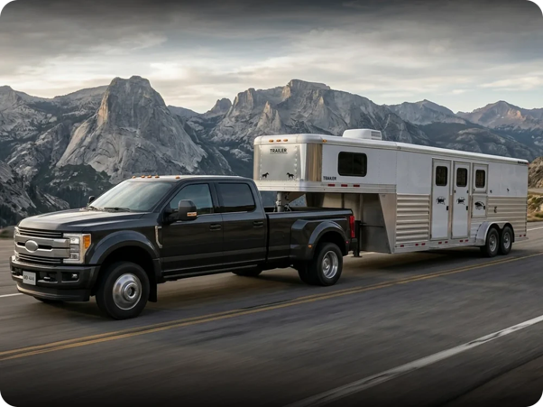 truck carrying trailer on open road with mountains