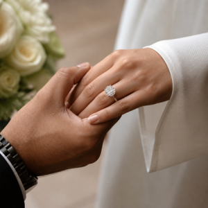 man holding woman's hand with 7 carat diamond engagement wedding ring