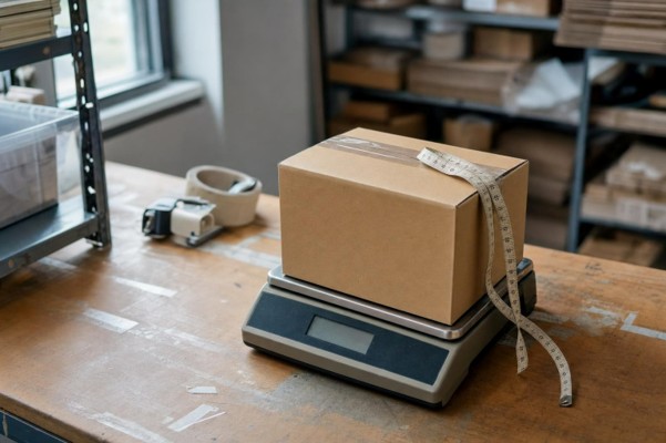 box on a scale with measuring tape