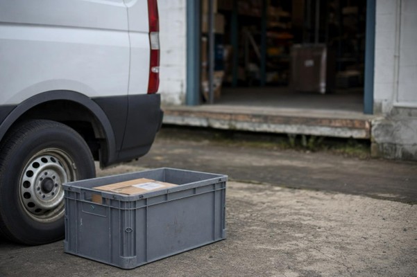 box sitting outside a delivery truck