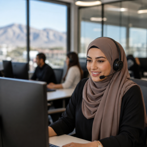 call center specialist with headset in office