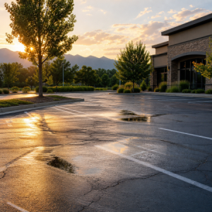 empty parking lot at sunset with mountains in background