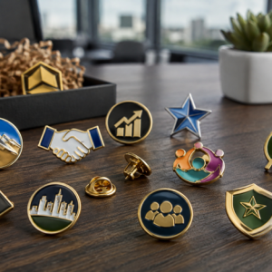 enamel pin collection on table