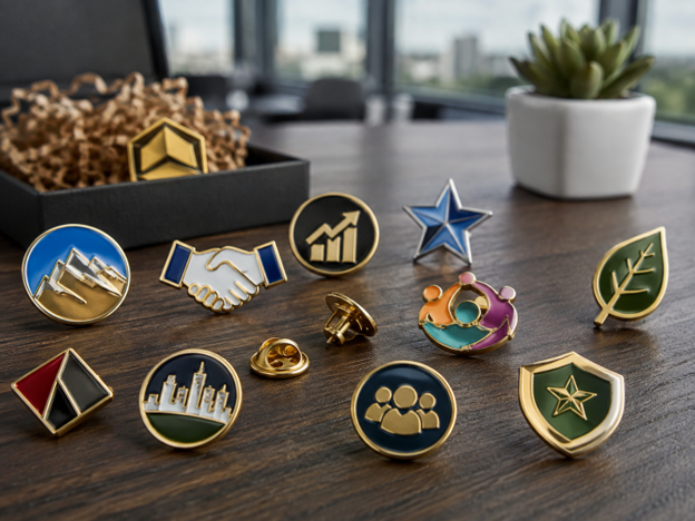 enamel pin collection on table