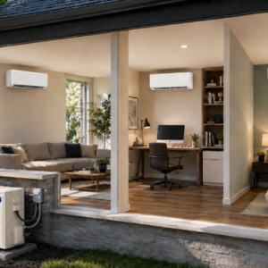 home with large windows and an air conditioning unit outside