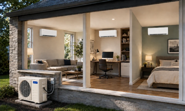 home with large windows and an air conditioning unit outside