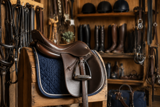 horse saddle with boots and reigns in background
