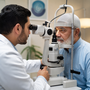 man getting eyes checked at eye doctor