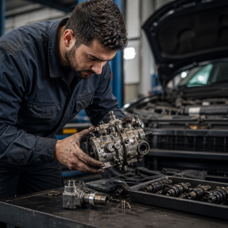 man working under hood of car with diesel injection pump in hand