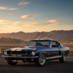old 1967 shlby classic car with mountains in background