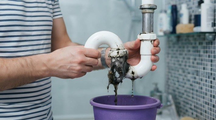 man trying to fixing leaking pipe in bathroom