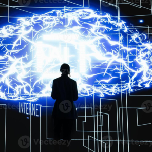 scientist looking at a brain with internet written below it