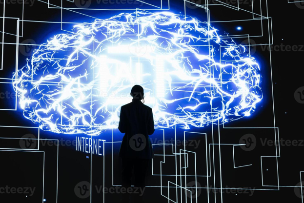 scientist looking at a brain with internet written below it