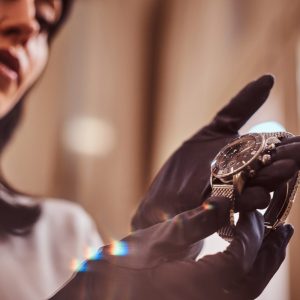 woman holding a watch