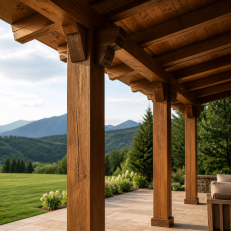 timber posts on a home with mountains in background