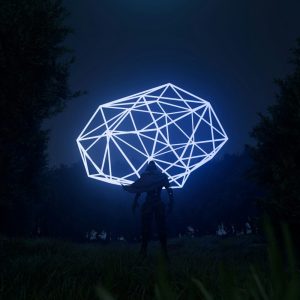 person standing with cape in darkness with large shape in the sky
