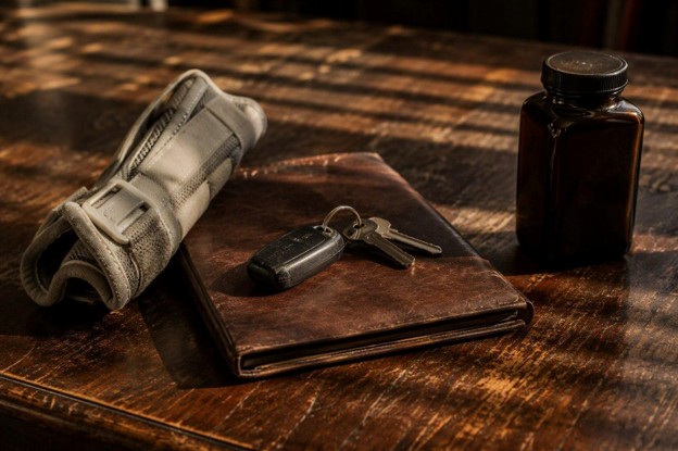 injury cast with keys and notebook on table