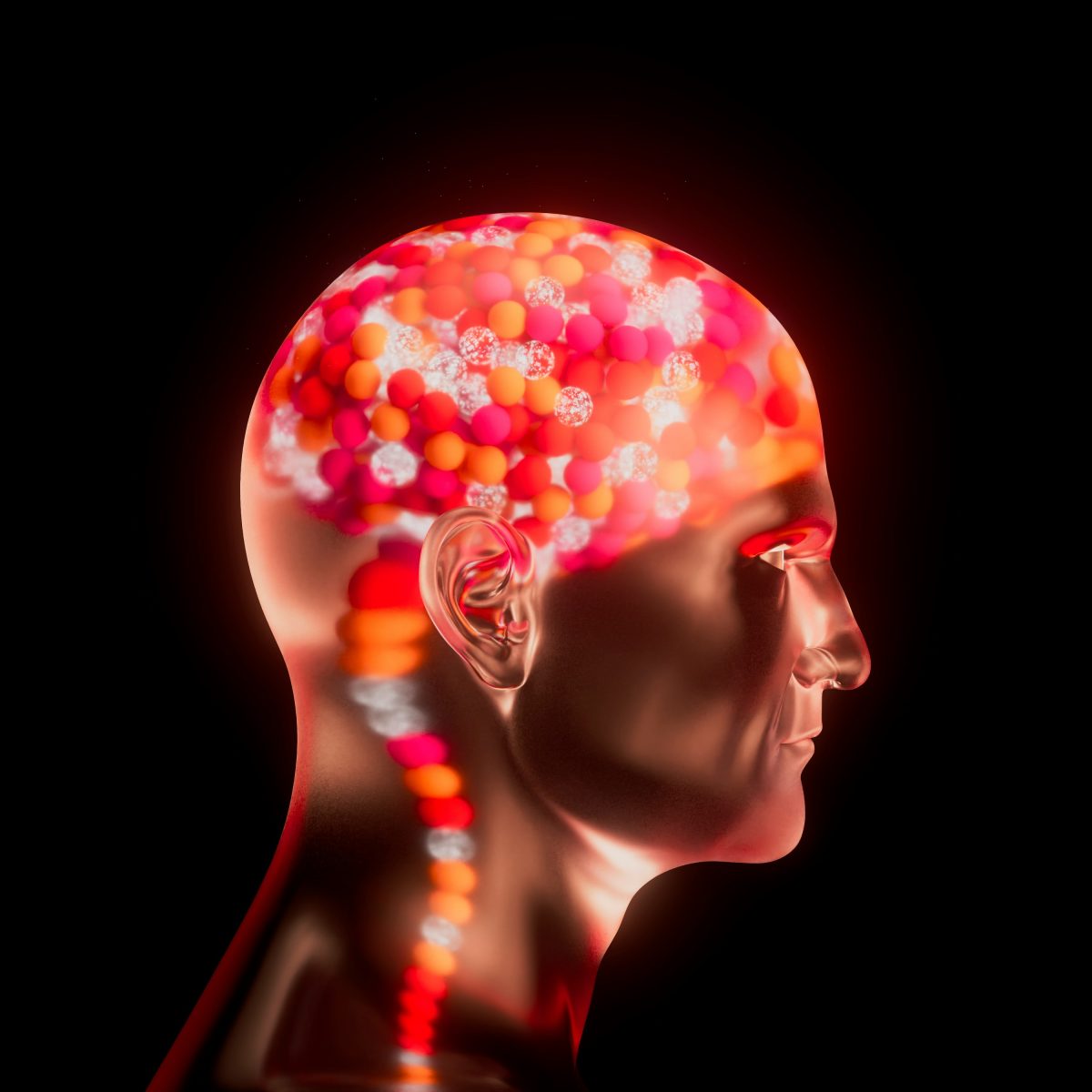 A metallic human head profile with glowing red and orange spheres inside the brain