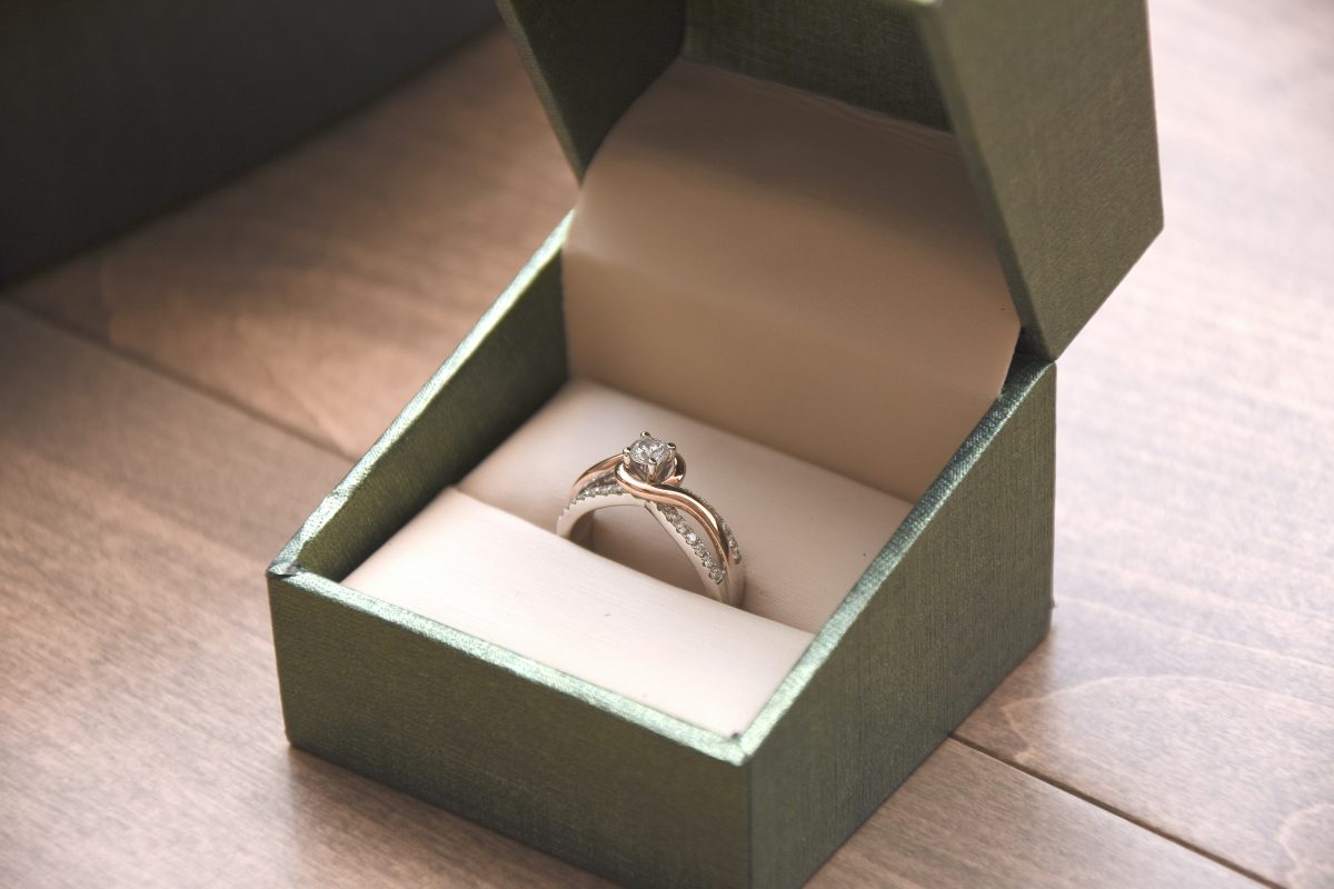 silver and gold colored ring in a green engagement box