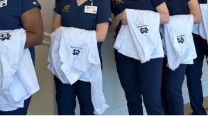 The white coats are emblematic of School of Nursing students who are eligible to celebrate their entrance into patient care.