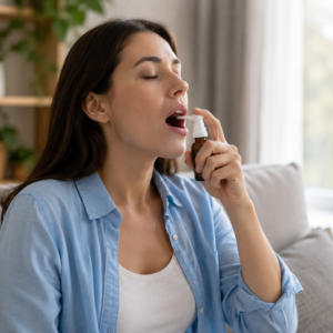 woman spraying medicine in her mouth
