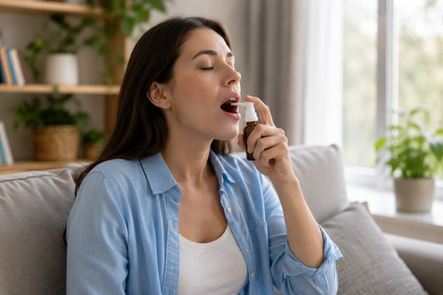 woman spraying medicine in her mouth