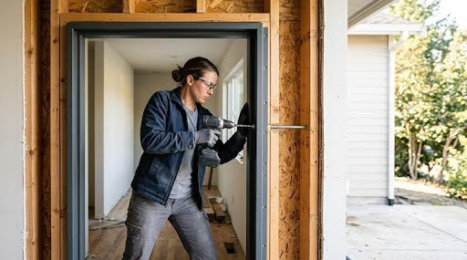 A contractor installs a heavy-duty steel security door frame, anchoring it with a power tool into the exposed wooden studs of a home's entryway.
