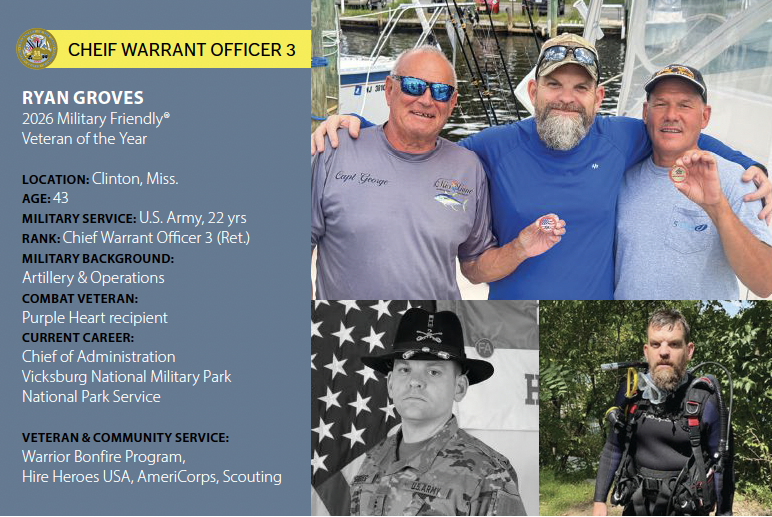 Graphic profiling Ryan Groves, 2026 Military Friendly Veteran of the Year, with photos from his military and civilian service