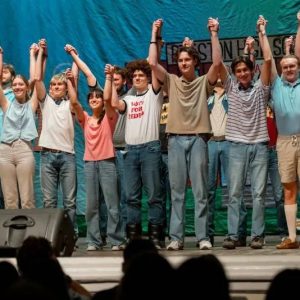 Members of Shawreth men's club receive applause following their award-winning performance based upon the movie 'Napoleon Dynamite' during the 2025 Follies at MC.