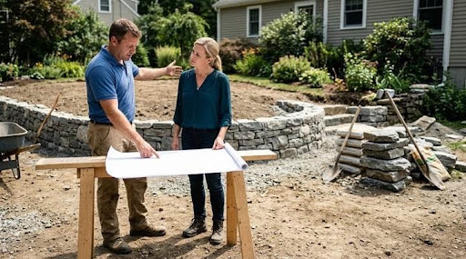 A homeowner and a professional review plans on-site during a major landscape design project, a key part of vetting a contractor.