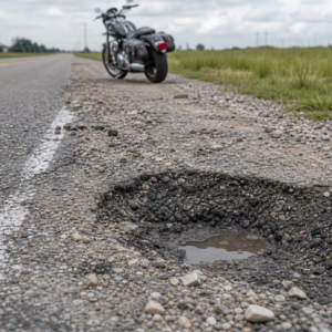 Loose gravel and uneven pavement creating potential traction hazards for motorcycles in a road work zone.