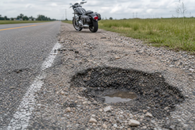 Loose gravel and uneven pavement creating potential traction hazards for motorcycles in a road work zone.