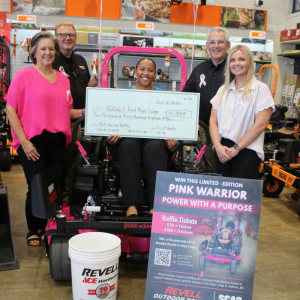 Representatives of Revell Ace Hardware and Revell Outdoor Power present a $10,318 donation to the American Cancer Society's Gertrude C. Ford Hope Lodge in Jackson. The funds were raised through a raffle featuring a limited-edition Pink Warrior SCAG Patriot mower. The fundraiser supports Hope Lodge's mission of providing free accommodations and transportation for cancer patients receiving treatment away from home. Pictured left to right: Paula Hurtt, Guy Eaton, Erica Arrington, Joe Rooks and Pamela Hosey.