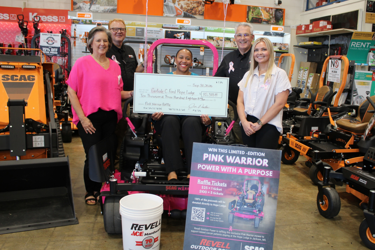 Representatives of Revell Ace Hardware and Revell Outdoor Power present a $10,318 donation to the American Cancer Society's Gertrude C. Ford Hope Lodge in Jackson. The funds were raised through a raffle featuring a limited-edition Pink Warrior SCAG Patriot mower. The fundraiser supports Hope Lodge's mission of providing free accommodations and transportation for cancer patients receiving treatment away from home.Pictured left to right: Paula Hurtt, Guy Eaton, Erica Arrington, Joe Rooks and Pamela Hosey.