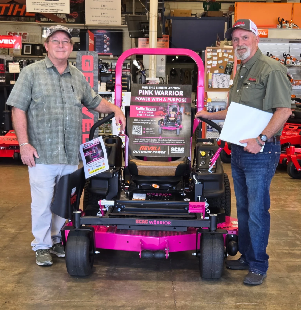 Michael Crum (left) is pictured with Keith Chandler of Revell Outdoor Power and the limited-edition Pink Warrior SCAG Patriot mower Crum won in a fundraising raffle benefiting the American Cancer Society's Gertrude C. Ford Hope Lodge in Jackson. The raffle, sponsored by Revell Ace Hardware and Revell Outdoor Power, raised $10,318 to help provide free lodging and transportation for cancer patients and their caregivers.