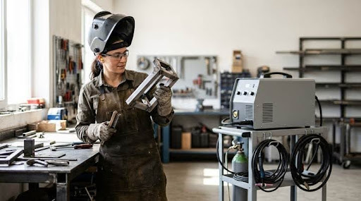 A welder in a workshop inspects a metal project on a workbench, with a modern multi-process welder visible in the background.