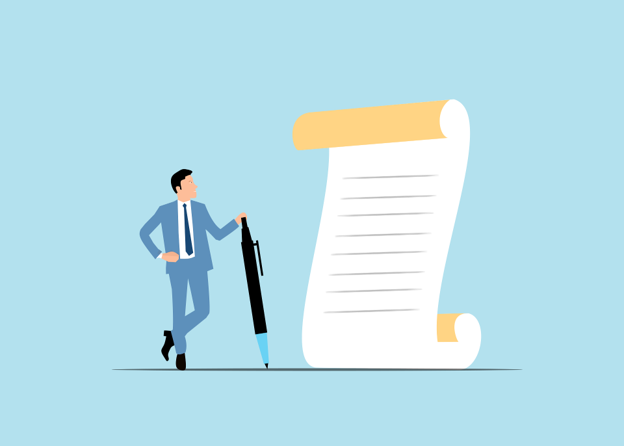 cartoon picture of a man holding a giant pen standing next to a giant piece of paper