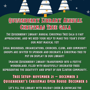 Flyer for the Quisenberry Library Annual Christmas Tree Gala showing three decorated Christmas trees under a starry night sky, with tree setup November 21 through December 3 and the Christmas Open House December 5