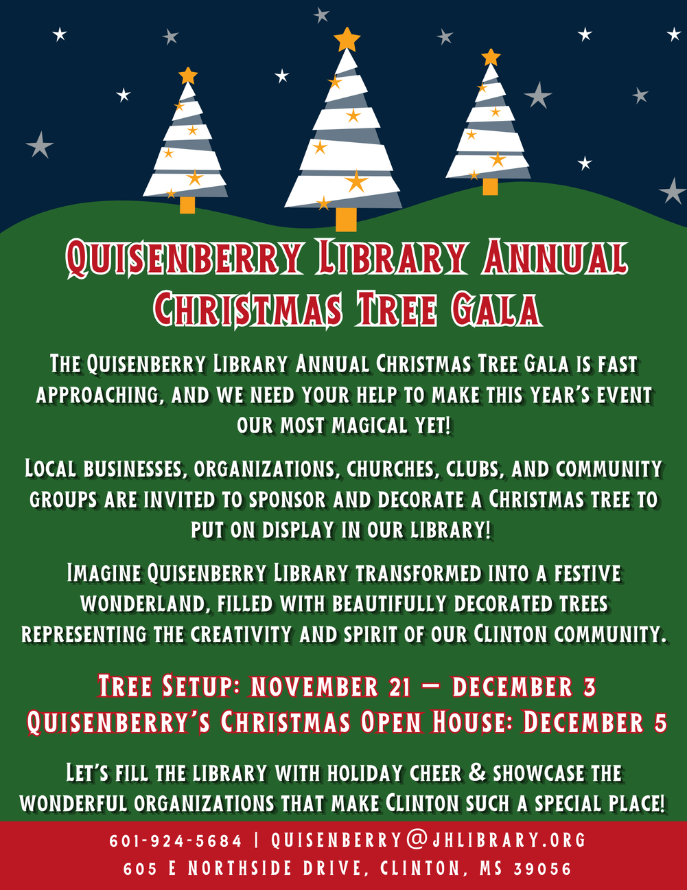 Flyer for the Quisenberry Library Annual Christmas Tree Gala showing three decorated Christmas trees under a starry night sky, with tree setup November 21 through December 3 and the Christmas Open House December 5