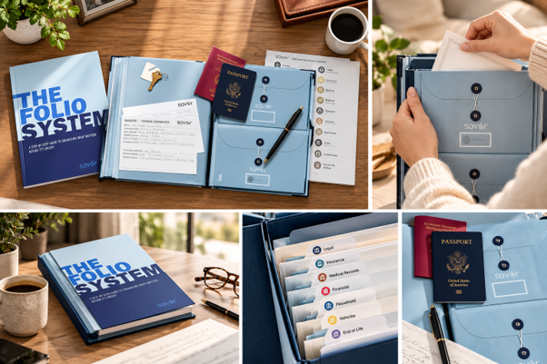 collage of folio system images with document organizing