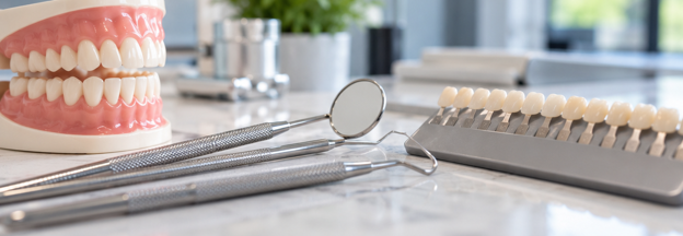 dental tools with fake teeth and model