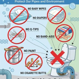 Please Do Not Flush graphic showing baby wipes, diapers, Q-tips, bandages, paint and cigarette butts crossed out next to a toilet