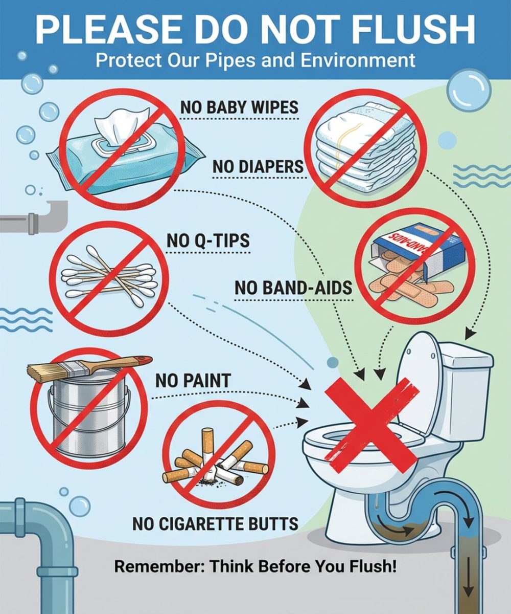 Please Do Not Flush graphic showing baby wipes, diapers, Q-tips, bandages, paint and cigarette butts crossed out next to a toilet