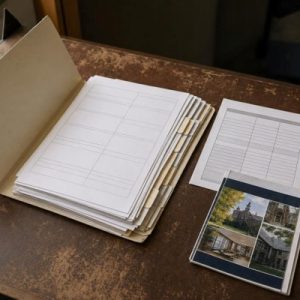 folder of papers sitting on a wooden desk