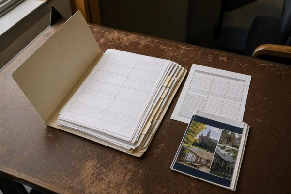 folder of papers sitting on a wooden desk