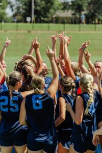 The Lady Choctaws soccer team huddles before their game against Christian Brothers University on Sept. 23 at Longabaugh Field