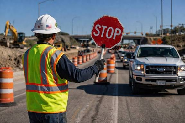 Road construction supervisor checking warning signs and traffic barriers in a temporary work zone.